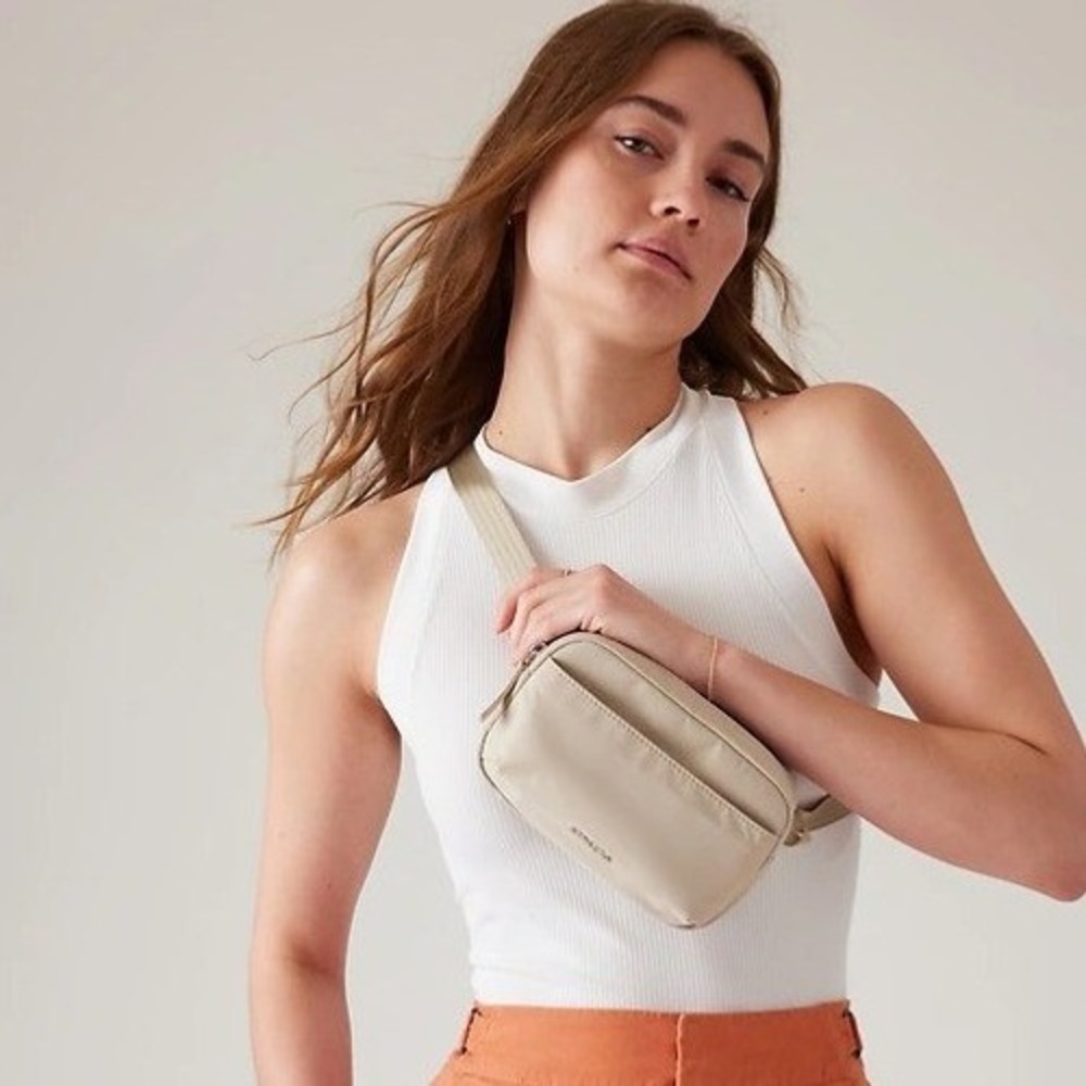 Athleta Crossbody Bag Tan Nylon Adjustable Strap Zip Pockets Small Pouch